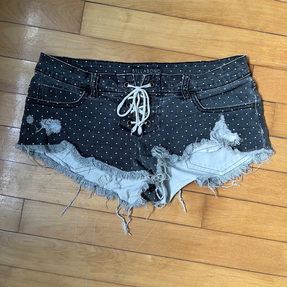 Billabong Polka Dot Distressed Lace Up Denim Shorts Black White Low Rise 3 y2k